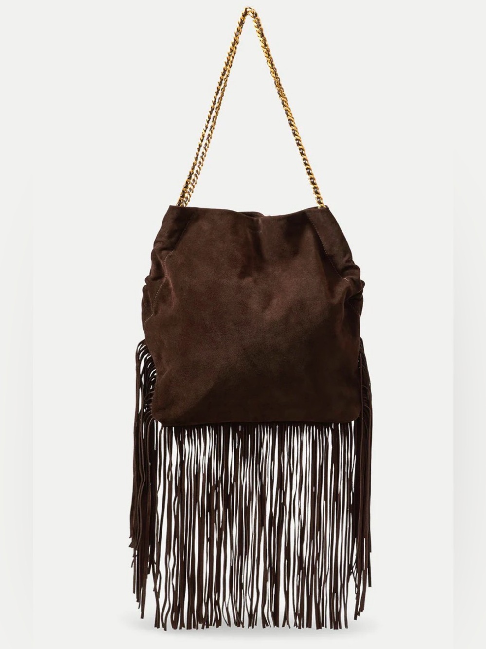 Veronica Beard $895 Ret NWT Lg Fringe Dark Brown Suede Gold-Chain Slouch Bag - Picture 2 of 3
